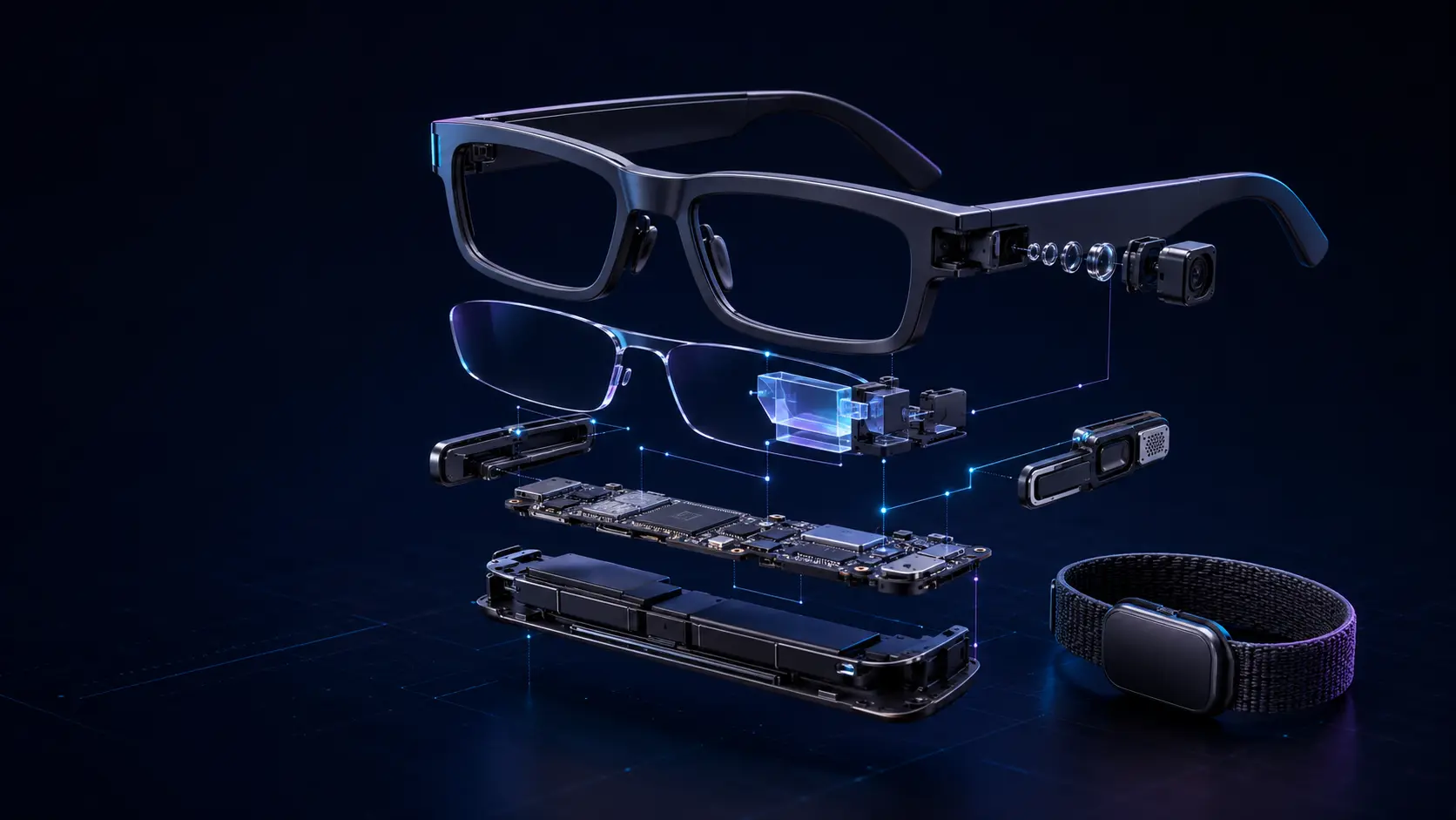 Išskaidyta išmaniųjų akinių techninė konstrukcija su optika, kamera, ekranu ir valdymo juosta